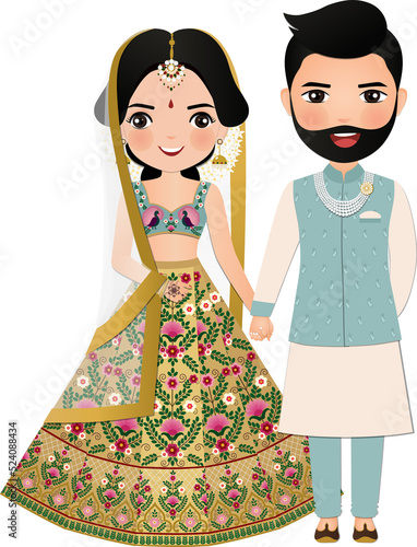 Photography Bride and groom cute couple in traditional indian dress cartoon character