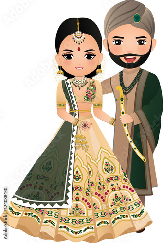 Photography Bride and groom cute couple in traditional indian dress cartoon character
