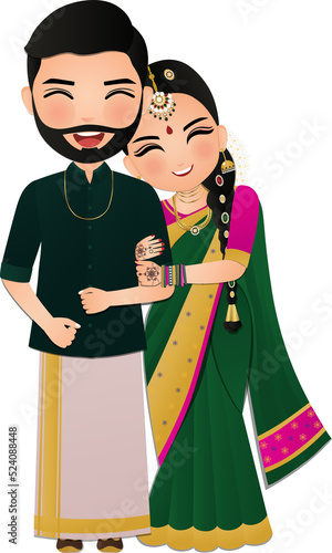 Photography Bride and groom cute couple in traditional indian dress cartoon character