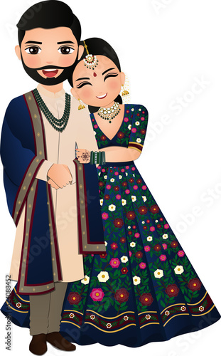 Fototapeta Naklejka Na Ścianę i Meble -  Bride and groom cute couple in traditional indian dress cartoon character