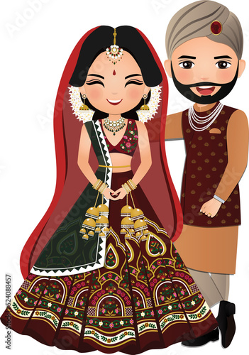 Canvas Print Bride and groom cute couple in traditional indian dress cartoon character