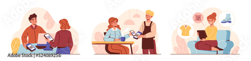 Pay with qr code concept. Cashless and contactless payment system. Men and women pay for coffee in restaurant and make purchases in store or online using app on smartphone. Cartoon flat vector set