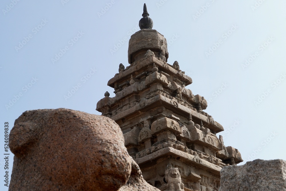 Shore temple in Mahabalipuram, Tamilnadu, India. It is one of the Group of Monuments at Mahabalipuram and it has been classified as a UNESCO World Heritage Site. Shore temple is the oldest structure.