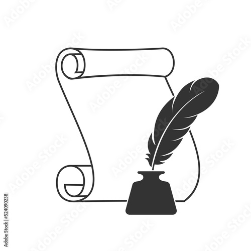 Scroll and quill in inkwell graphic icon. Literary emblem isolated on white background. Vintage symbol. Vector illustration