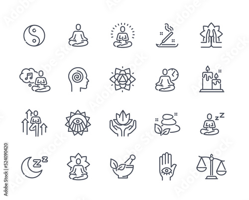Set of Meditation Related Line Icons. Psychological balance, mental health, yoga and lotus pose. Design elements for apps. Editable Stroke. Cartoon flat vector collection isolated on white background