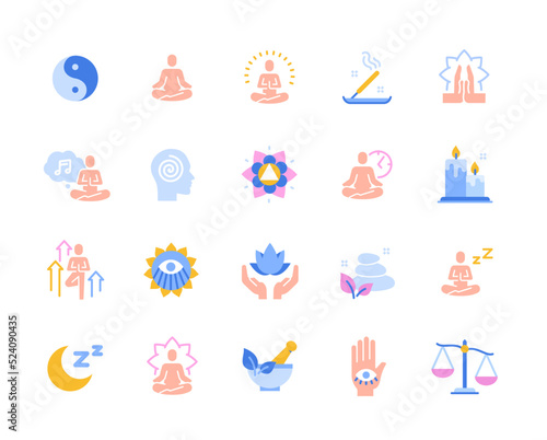 Set of Meditation Related colorful Icons. Yin and yang, mental health, aromatherapy, yoga and mindfulness. Design elements for app. Cartoon flat vector collection isolated on white background