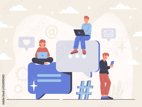 Internet communication and chatting concept. Men and women with laptops and smartphones send messages to friends. Characters with speech bubbles having conversation. Cartoon flat vector illustration