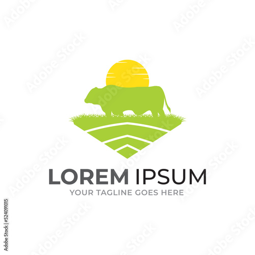 Simple farm logo. Farm animal sign. Green logotype for farm. Symbol for agricultural products. Brand for agricultural company Vector illustration with cow.