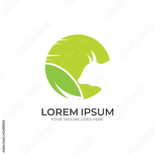 Simple farm logo. Farm animal sign. Green logotype for farm. Symbol for agricultural products. Brand for agricultural company Vector illustration with cow.
