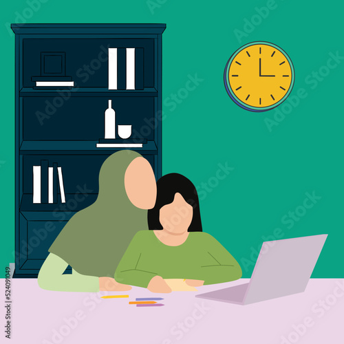 Simple Vector illustration drawing of Loving Muslim Mom Helping Her Little Daughter To Study With Laptop At Home, Cute Child And Islamic Mother Sitting Together And Looking At Computer Screen.