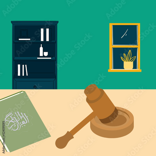 Simple Vector illustration drawing of the gavel of justice with the Koran beside it, Islamic sharia law. Modern design vector illustration photo