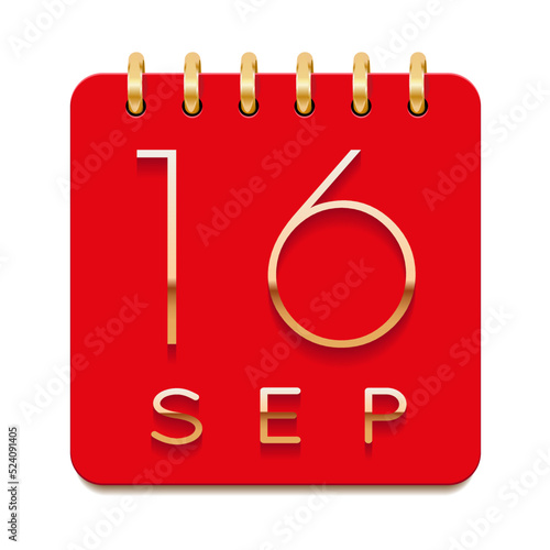 16 day of the month. September. Luxury calendar daily icon. Date day week Sunday, Monday, Tuesday, Wednesday, Thursday, Friday, Saturday. Gold text. Red paper. Vector illustration.