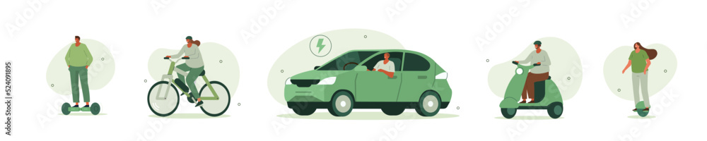 Electric transportation illustration set. Characters driving electric car, bike, hoverboard and motorcycle. Eco friendly vehicle concept. Vector illustration. - obrazy, fototapety, plakaty 