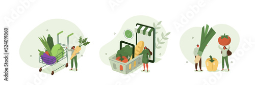 Grocery vegetables illustration set. Character buying online and putting in shopping basket or cart fresh vegetables and grocery items. Grocery food and healthy eating concept. Vector illustration.
