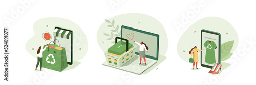 Sustainable fashion illustration set. Characters buying recycling eco friendly textile and selling or donating vintage clothes on online flea market or second hand. Vector illustration.