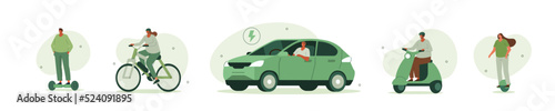 Electric transportation illustration set. Characters driving electric car, bike, hoverboard and motorcycle. Eco friendly vehicle concept. Vector illustration.