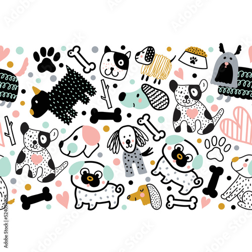 Cute doggie. Funny children's seamless horizontal border. Can be used in textile industry, paper, background, scrapbooking.Vector.