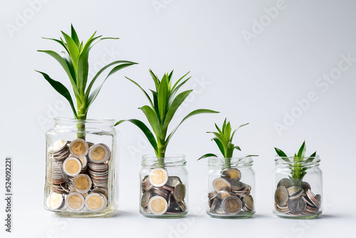 Save money with stack money coin in bottle for growing as plant .business, banking, investment, transfer, concept..