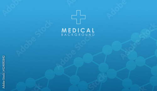 the inscription medical background and a medical cross on a gradient blue background and elements of the connection of molecules