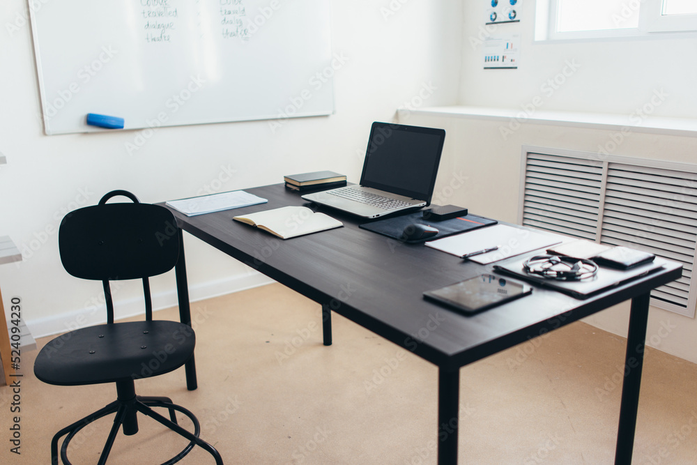 Workplace in home office with laptop. Online business, working, study. Remote work and earning online. Workplace in home office with laptop. Online business, working, study. Remote work and earning online.