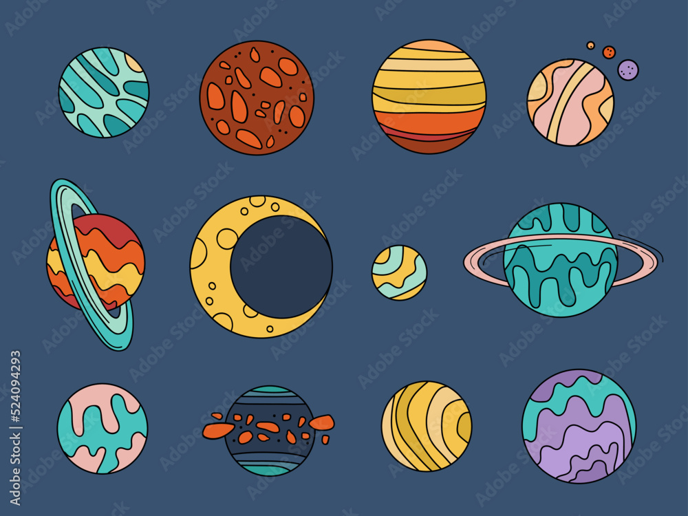 Illustration set of stickers with planets in 70s style. Space bodies, planets, jupiter, earth, saturn, mars, venus, moon, stars. Isolated objects on a plain background. Illustration set of stickers with planets in 70s style. Space bodies, planets, jupiter, earth, saturn, mars, venus, moon, stars. Isolated objects on a plain background.