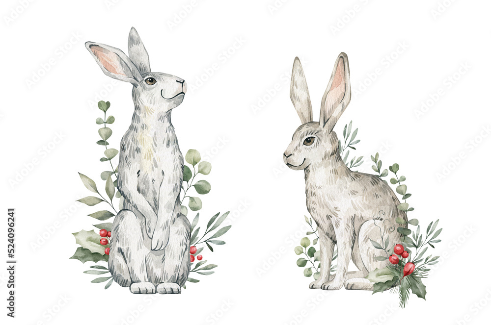 Obraz premium Watercolor cute rabbits, hares, plants. Forest baby animals, berries, pines, leaves. Wild woodland, nature scene. Wildlife creatures