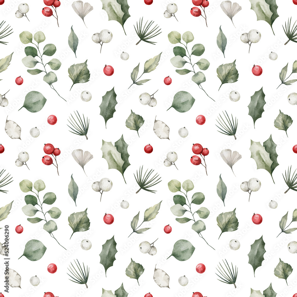 Fototapeta premium Watercolor seamless pattern with wild leaves, berries. Wild winter plants, twigs. Christmas nature floral background