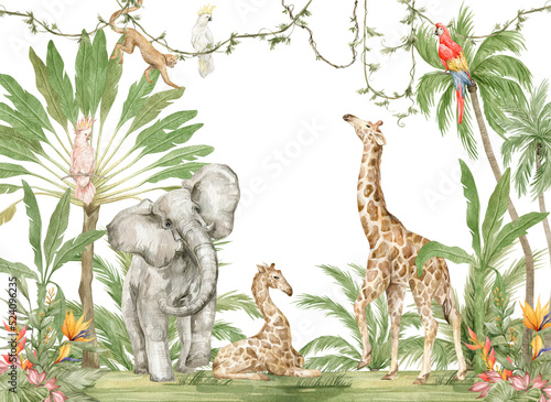 Watercolor composition with African animals and natural elements. Elephant, giraffe, monkeys, parrots, palm trees, flowers. Safari wild creatures. Jungle, tropical illustration for nursery wallpaper photo