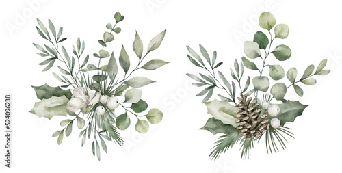 Watercolor bouquet with green forest leaves, berries, branches. Wild bouquet isolated on white background. Aesthetic illustration for wedding, cards, promo. Blossom nature