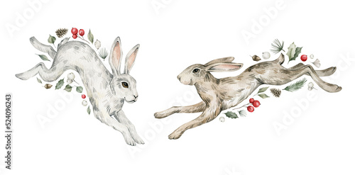 Watercolor cute rabbits  hares  plants. Forest baby animals  berries  pines  leaves. Wild woodland  nature scene. Wildlife creatures