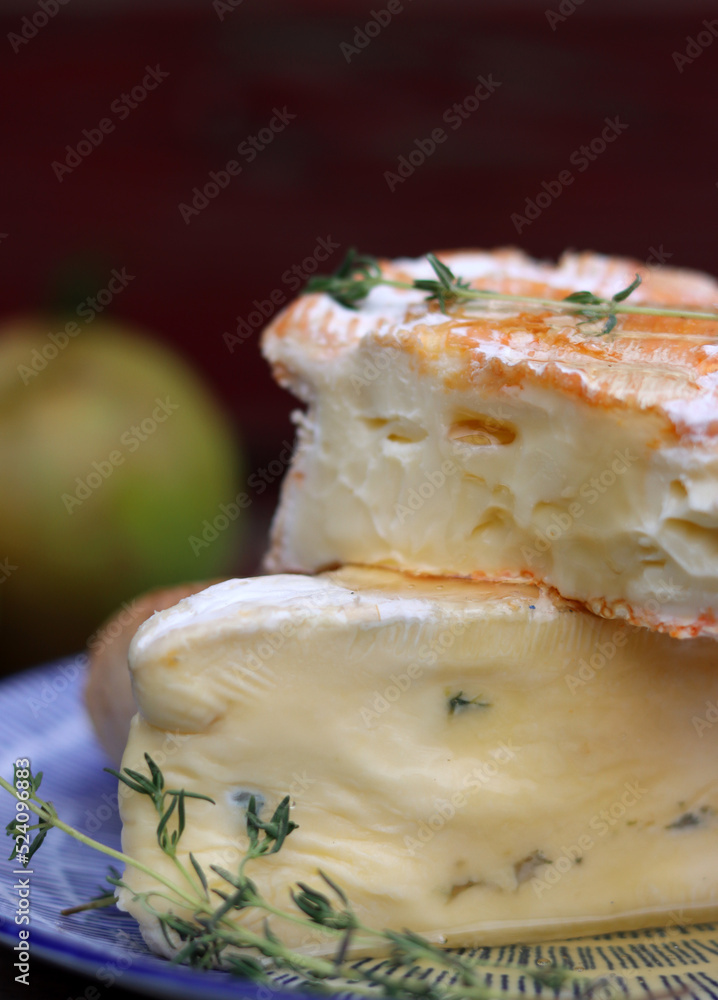 Still life with French cheese. Soft cheese close up photo. French appetizer on a plate. 