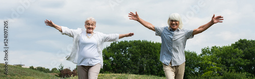 happy senior couple in glasses and shirts walking with outstretched hands, banner.