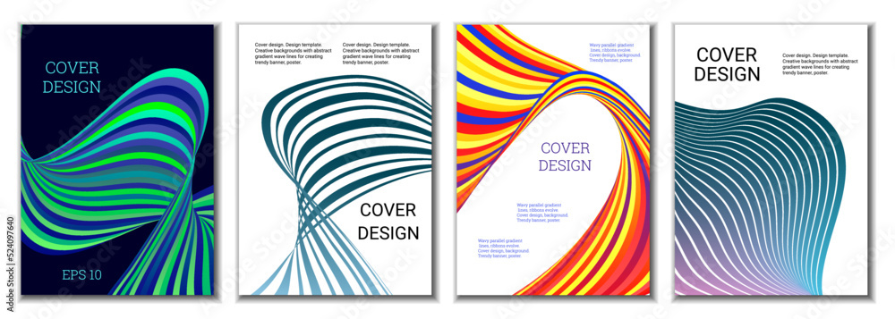 A set of 4 abstract covers. Wavy parallel gradient lines, ribbons evolve. Cover design, background. Trendy banner, poster. A set of 4 abstract covers. Wavy parallel gradient lines, ribbons evolve. Cover design, background. Trendy banner, poster.