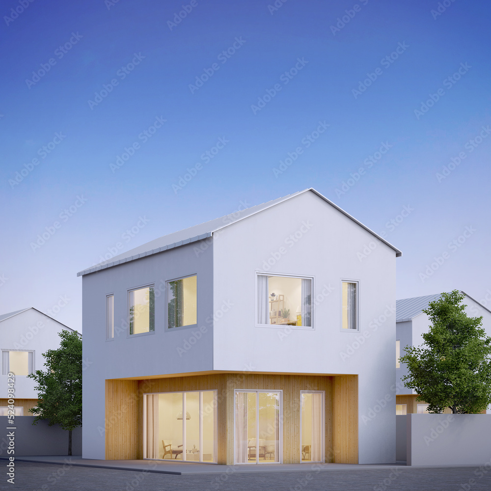 Modern house exterior minimal style with white concrete and wood.3d rendering
