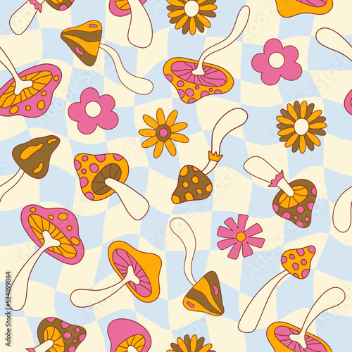 Retro groovy seamless pattern with cute flowers and mushrooms on a checkered  background. Vector illustration in style hippie 70s, 80s