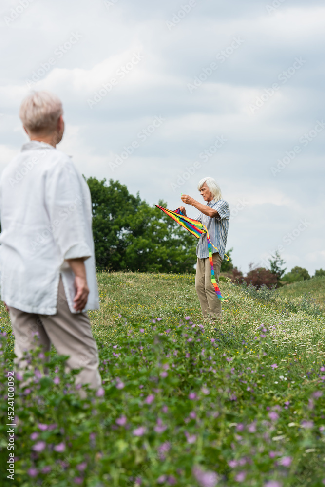 senior man in casual clothes holding kite and standing on green hill near blurred wife. senior man in casual clothes holding kite and standing on green hill near blurred wife.