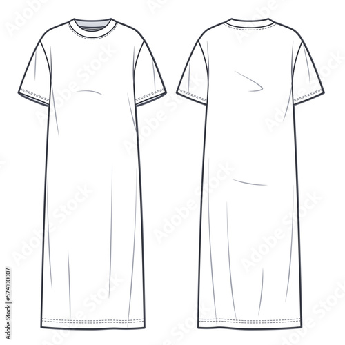 Women's midi Sweat Dress technical fashion illustration. Tee Dress fashion flat template, front and back view, white colour, CAD mockup.