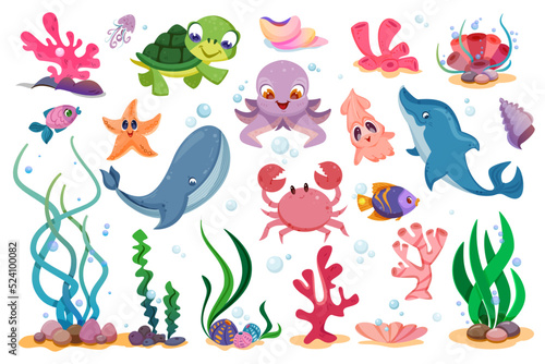 Flat cute sea animals  marine plants and fishes. Ocean life with funny characters of turtle  octopus  starfish  crab and squid. Happy dolphin and whale. Underwater reef  corals  shells and seaweed set