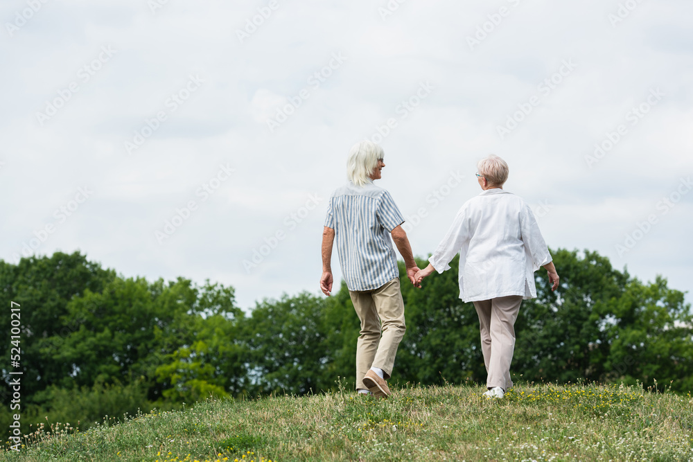 full length of senior couple in glasses holding hands and walking on green hill in summer. full length of senior couple in glasses holding hands and walking on green hill in summer.