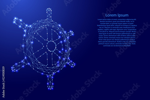 Ship's steering wheel from futuristic polygonal blue lines and glowing stars for banner, poster, greeting card. Vector illustration.