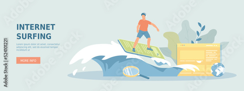 Internet Surfing. Online Search and Viewing information on the Internet, Browsing. Man riding a wave on a smartphone. Promotional web banner. Cartoon flat vector illustration with people characters.