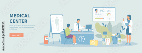 Medicine, Healthcare, Pharmaceuticals, First aid, Science, Doctor examination. Diagnosis definition. Laboratory research. Promotional web banner.Cartoon flat vector illustration with people characters