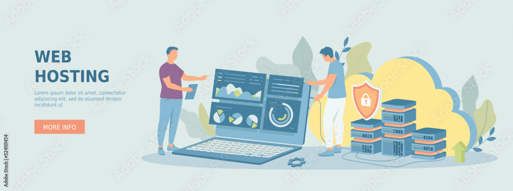 Web Hosting Data Security Сloud computing storage, Information processing, Database Network connection. Hosting servers.Promotional web banner. Cartoon flat vector illustration with people characters.