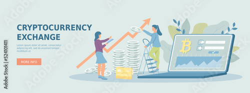 Money market, finance trading, analytics, graphs, profit. Cryptocurrency Exchange and Blockchain. Promotional web banner. Cartoon flat vector illustration with people characters.