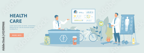 Healthcare, Clinic consultation, Medicine hospital, laboratory testing, Healthy lifestyle. Medical doctors with patient.Promotional web banner. Cartoon flat vector illustration with people characters.