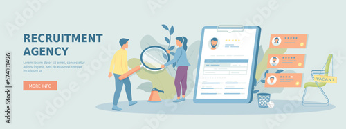 Recruitment, human resources. Analyzing personnel resume. Vacant workplace. HR managers choosing candidates for job. Promotional web banner. Cartoon flat vector illustration with people characters.