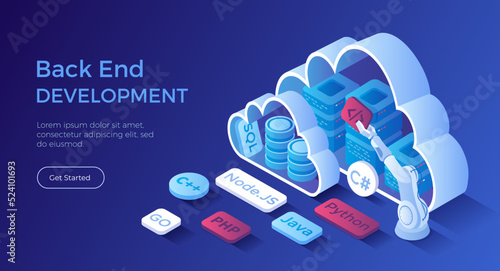 Back end Development, Coding, Software Engineering, Programming languages. Server racks and database in the clouds. Isometric landing page. Vector web banner.