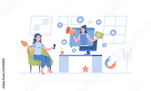 Video marketing. Advertising campaign using viral promo videos, attracting people from social media. Cartoon modern flat vector illustration for banner, website design, landing page.
