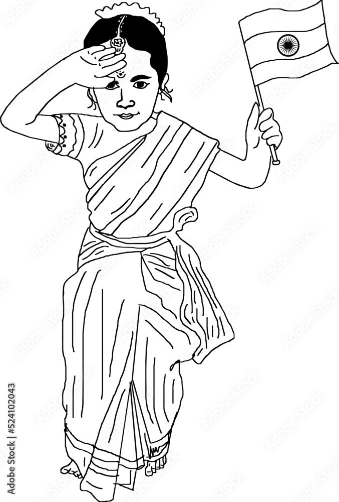 Indian kid girl holding Indian flag line art vector silhouette, Indian