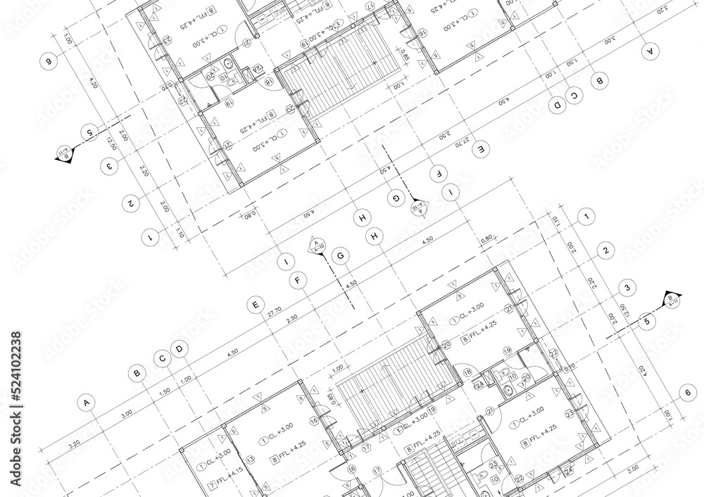 Floor plan designed building on the drawing. Floor plan designed building on the drawing.
